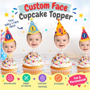 Puede incluir: Adornos personalizados para cupcakes con caras de bebé que llevan gorros de fiesta coloridos con el número uno. El texto dice Custom Face Cupcake Topper, Your Baby's Face Here!, Download, Print At Home, Cupcake Toppers, Stickers y Fun & Personalized.