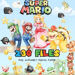 Puede incluir: Una ilustración digital con personajes de Super Mario, incluidos Mario, Luigi, la Princesa Peach, Bowser, Yoshi y Goombas. El texto dice Super Mario, 230 Files y PNG, Alphabet, Digital Paper. Se incluyen varios elementos del juego como estrellas, monedas y bloques.
