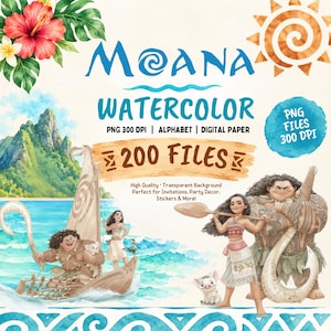 Może przedstawiać: Cyfrowa kolekcja grafik akwarelowych Moana przedstawiająca postacie, łódź, tropikalne kwiaty i ikonę słońca. Tekst zawiera napisy Moana Watercolor, PNG 300 DPI, Alphabet, Digital Paper, 200 Files oraz High Quality Transparent Background.