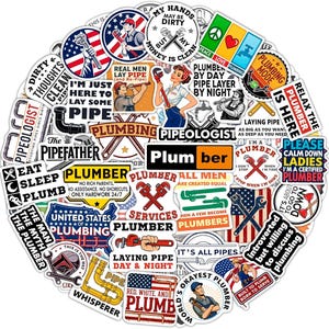 May include: A large collection of assorted vinyl stickers featuring plumbing-themed graphics, tools like pipe wrenches, and various slogans such as "Plumber," "Pipeologist," "The Pipefather," and "Eat Sleep Plumb" in diverse colors and fonts.
