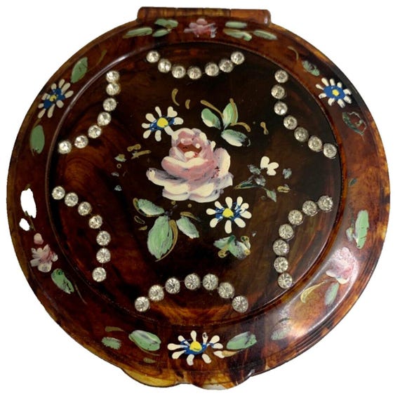 Lucite Mirrored Compact Case Vtg Mavco Rhinestone Hand-painted Floral Tortoise