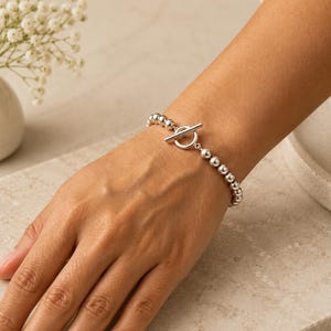 925 Sterling Silver 8mm Bead Bracelet | Toggle Clasp Bracelet | Minimalist Stackable Jewelry | Gift for Her