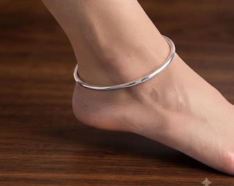 Handmade 925 Sterling Silver Round Adjustable Anklet | Minimalist Silver Bangle Anklet | Elegant Everyday Ankle Bracelet | Gift for Women
