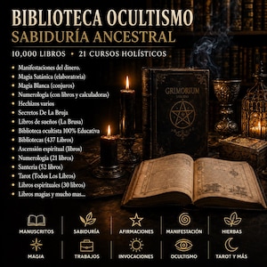 May include: A digital collection titled BIBLIOTECA OCULTISMO SABIDURÍA ANCESTRAL featuring 10,000 books and 21 courses. The image displays two black candles, an open book, and a closed book labeled GRIMORIUM VERITAS with a pentagram icon.