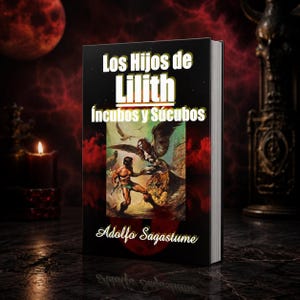 Puede incluir: Un libro titulado Los Hijos de Lilith Íncubos y Súcubos de Adolfo Sagastume. La portada negra presenta texto en blanco y una ilustración central que muestra una figura alada y una persona musculosa en un paisaje desértico con una luna roja de fondo.