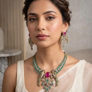 Nature Inspired Parrot Necklace Set | Mint Green & Ruby CZ Jewelry | Sabyasachi Style Bird Motif Necklace | Indian Bridal Statement Gift