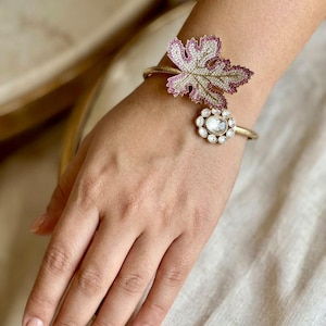 Nature Inspired Maple Leaf Bracelet | Ruby Pink Pave CZ Open Cuff Bracelet | Sabyasachi Inspired Statement Kada | Luxury Gift For Her