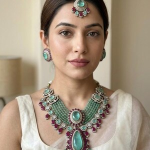 Mint Green and Ruby Red Stones Studded Jewelry Set | Statement Necklace, Stud Earrings and Maang Tikka | Kundan Style Bridal Jewelry Set