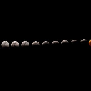 May include: A horizontal sequence of eleven lunar phases against a solid black background, starting with a bright white full moon on the left and transitioning through various crescent shadows to a deep red blood moon on the far right.