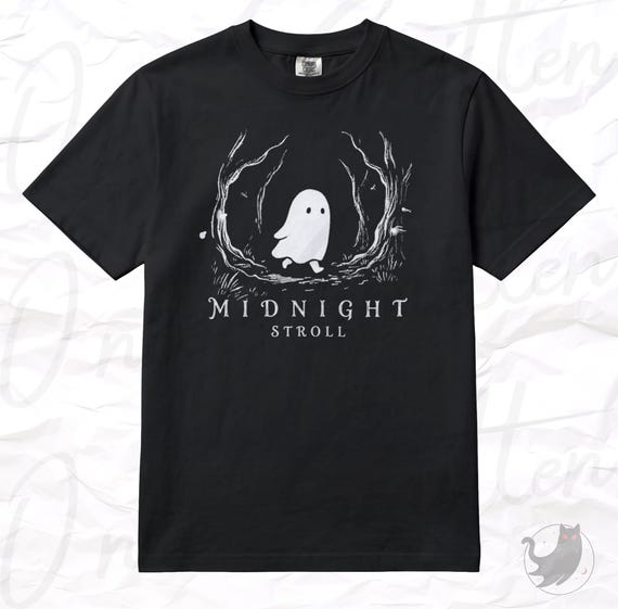 Cute Ghost Midnight Stroll Shirt, Cottagegoth Ghost T-Shirt, Spooky Cute Halloween Tee, Minimalist Cozy Fall T-Shirt, Halloween Gift