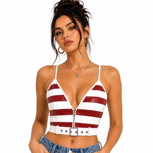 Dames crop top van leer met Amerikaanse vlag | Bustier met ritssluiting aan de voorkant | Cowgril festivaltop