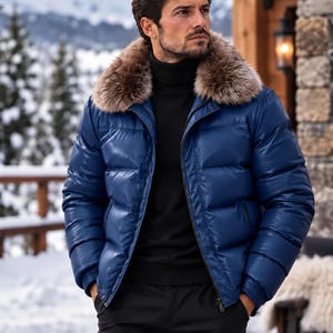 Mens Puffer Leather Jacket Winter Coat | Faux Fur Collar Warm Quilted Hood Outwear