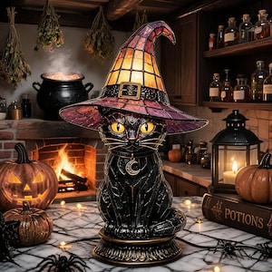 Black Cat Witch Hat LED Lamp, Gothic Halloween Desktop Decor,Witch Hat Night Light, Vintage Stained Glass Decor
