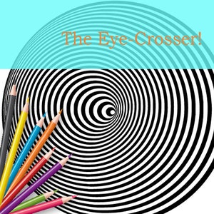 K&ouml;nnte beinhalten: Eine Schwarz-Wei&szlig;-optische T&auml;uschung einer Spirale mit einem Loch in der Mitte. Das Bild ist von einer Vielzahl von Buntstiften umgeben.