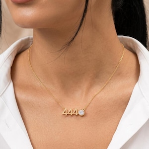 Gold 444 Angel Number Birthstone Necklace, Dainty Spiritual Crystal Jewelry,Custom Manifestation Gift, Minimalist Protection Charm Necklace*