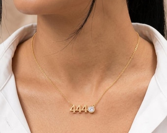 Gold 444 Angel Number Birthstone Necklace, Dainty Spiritual Crystal Jewelry,Custom Manifestation Gift, Minimalist Protection Charm Necklace*
