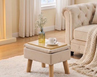 Otomana pequeña con espacio de almacenamiento / Tapizada en tela de lino y patas de madera / Reposapiés 3 en 1 / Taburete estilo boho para dormitorio o sala de estar / Regalo para ella