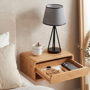 Set of 2 Floating Nightstand with Drawer | Bamboo Wall Mounted Bedside Table | Small Space Bedroom Furniture | Rounded Corner Shelf |