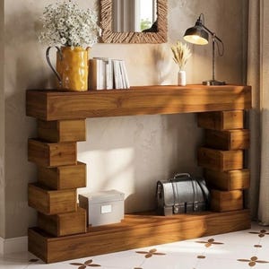 Modern Console Table | Solid Wood Entryway Table with Geometric Stacked Legs | Rustic Sofa Table for Hallway Living Room | 47 Inch Long