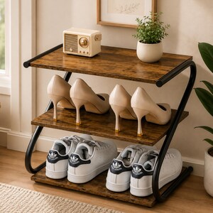 3 Tier Shoe Rack Z Shape | Rustic Wood & Metal Shelf | Entryway Hallway Closet Storage | Small Space Organizer