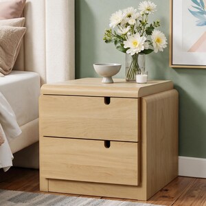 Modern Wood Nightstand | Curved Oak Bedside Table with 2 Drawers | Minimalist Boho Bedroom Furniture Storage | Bed Side Table