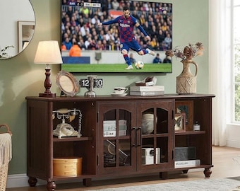 Farmhouse TV Stand for 60 Inch TV | Rustic Wood Media Console with Glass Cabinet Doors | 60 Inch Entertainment Center Storage | Gift For Her