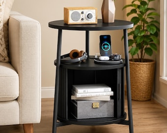 Round End Table with Charging Station & Hidden Storage | 3-Tier Side Table USB Outlets | Modern Black Nightstand Sofa | Gift For Her