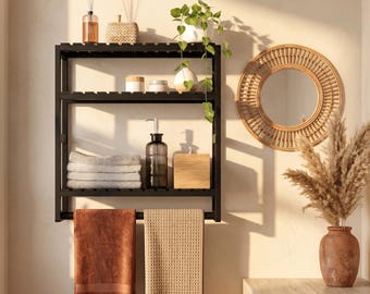 Bamboo Wall Shelf with Towel Bar | 3-Tier Bathroom Shelf | Floating Storage Rack | Plant Stand Kitchen Organizer | Over Toilet Organizer