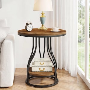 Round Industrial End Table with Storage Shelf | Rustic Wood 2-Tier Sofa Nightstand | Industrial Side Table Curved Metal Frame | Gift for her