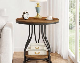 Runder Beistelltisch mit Aufbewahrungsregal | Industrieller Beistelltisch Geschwungenes Metallgestell | Rustikales Holz 2-Tier-Wohnzimmersofa Nachttisch | Geschenk
