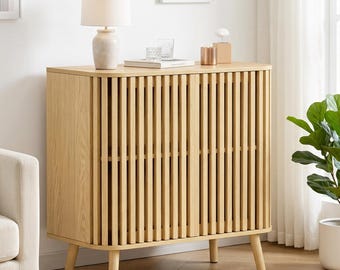 Boho Sideboard Cabinet with Slatted Doors | Natural Wood Buffet Storage Cabinet | Scandinavian Accent Cabinet Living Room Kitchen | Gift her
