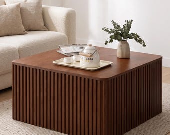 Square Fluted Coffee Table with Storage | Wood Grain Lift Top Storage Ottoman | Modern Ribbed Living Room Table | Coffee Table | Gift  her