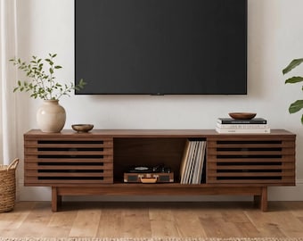 Slatted TV Stand for TVs up to 55" | Mid Century Modern Walnut Media Console | Sliding Door Entertainment Center with Storage | Gift for Her