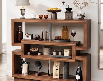 Modern Bookshelf Console Table | 3 Tier Open Shelf Bookcase with Metal Support Post | Walnut Wood Display Shelving Unit | Wood Console Table