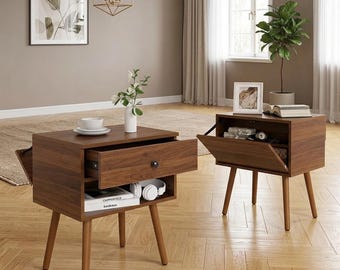 Mid Century Nightstand with Hidden Compartment | Wood Bedside Table with Drawer | Secret Storage Side Table for Bedroom Gift For Her