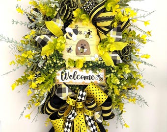 Bumble Bee Wreath, Summer Front Door Decor, Yellow Black White Floral Accents