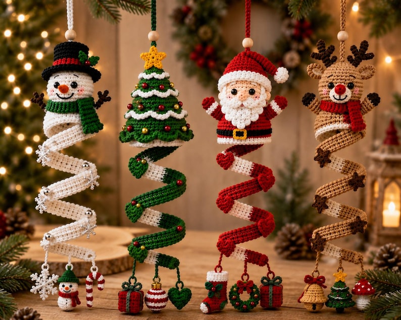 Christmas Spiral Crochet Pattern, Santa Snowman Reindeer Tree Ornaments (PDF Download)