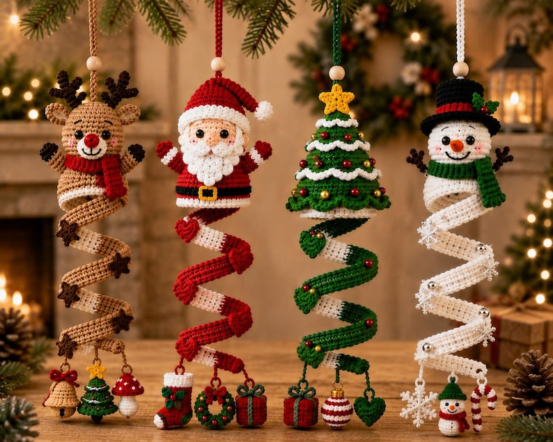 Christmas Spiral Crochet Pattern, Santa Snowman Reindeer Tree Ornaments (PDF Download)