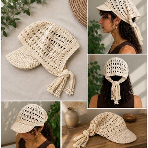 May include: A cream-colored crochet headscarf featuring a structured visor and an open-work grid pattern. The headpiece includes long, dangling tassels at the back that tie together, creating a secure fit with a textured, handmade appearance.
