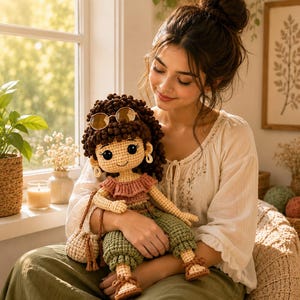 May include: A crochet doll with dark curly hair, wearing brown sunglasses, a ruffled pink top, and green pants. The doll has small hoop earrings, brown sandals, and a small beige drawstring bag hanging from its shoulder, crafted with detailed yarn textures.
