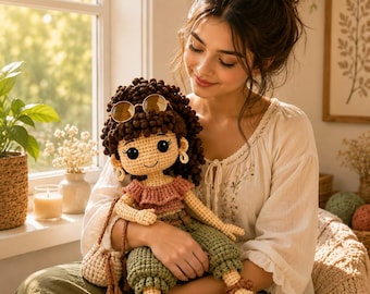 Puede incluir: Una muñeca de ganchillo con pelo rizado oscuro, gafas de sol marrones, un top rosa con volantes y pantalones verdes. La muñeca tiene pequeños pendientes de aro, sandalias marrones y un pequeño bolso beige con cordón colgado del hombro.