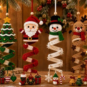 May include: Four hanging crochet ornaments featuring a green Christmas tree, a Santa Claus, a snowman, and a reindeer. Each figure is attached to a long, spiraling crochet tail decorated with small festive charms like presents, wreaths, and candy canes.