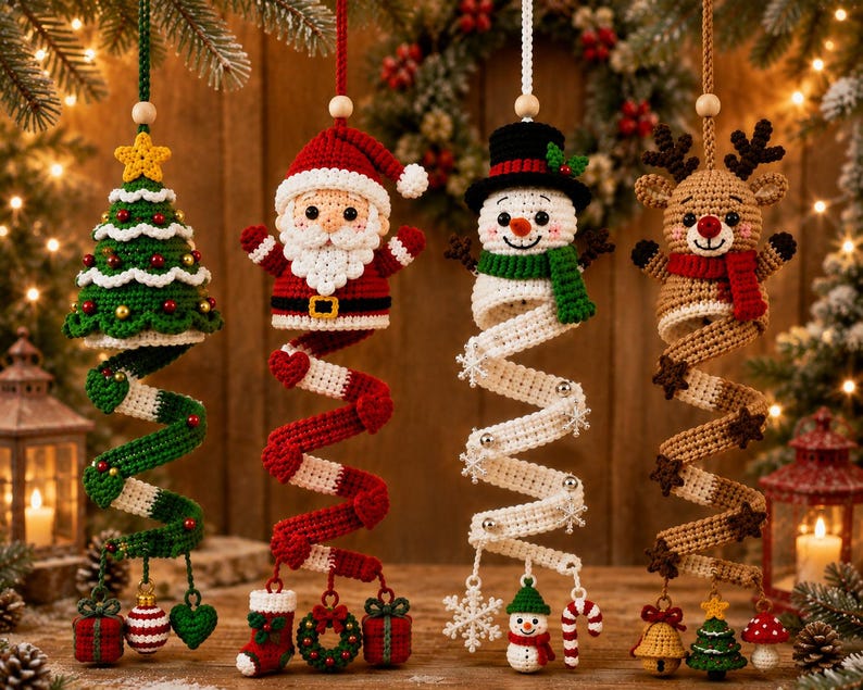 Christmas Spiral Crochet Pattern, Santa Snowman Reindeer Tree Ornaments (PDF Download)
