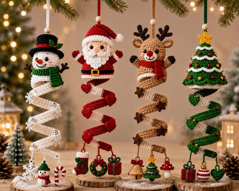 Christmas Spiral Crochet Pattern, Santa Snowman Reindeer Tree Ornaments (PDF Download)