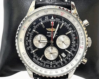Relógio de piloto Breitling Navitimer cronógrafo vintage com mostrador preto, 46 mm, em aço.