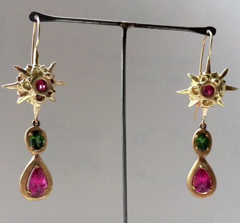 Aquilegia Earrings, Rubelite, Tsavorite, 9ctGold image 3