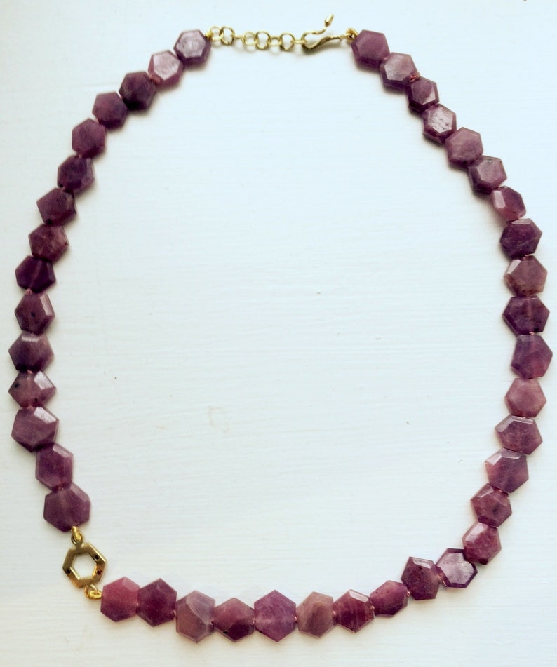 Ruby necklace with gold hexagon pendant image 1