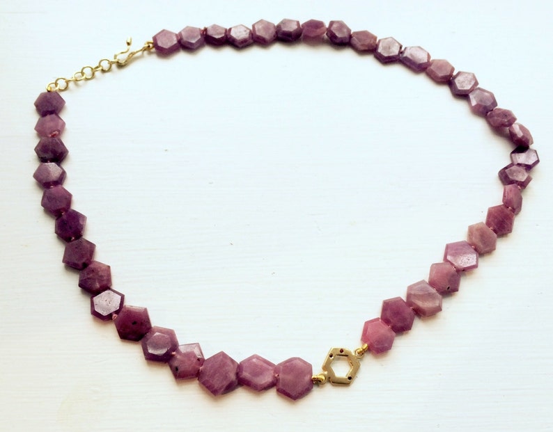 Ruby necklace with gold hexagon pendant image 3