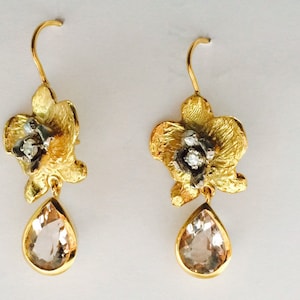 Orchid Earrings, 9ct Gold, diamonds and morganites image 1