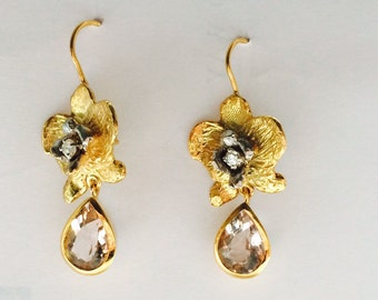 Orchid Earrings, 9ct Gold, diamonds and morganites